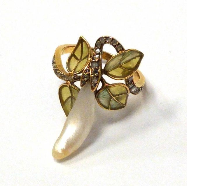 Le Turcq French Art Nouveau Diamond Pearl Gold and Enamel Ring at 1stDibs