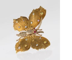 Mario Buccellati 1960s Colored Diamond and Gold Butterfly Brooch
