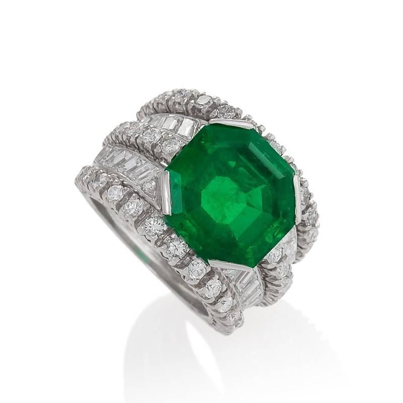 Women's 1950s Emerald Diamond and Platinum Ring
