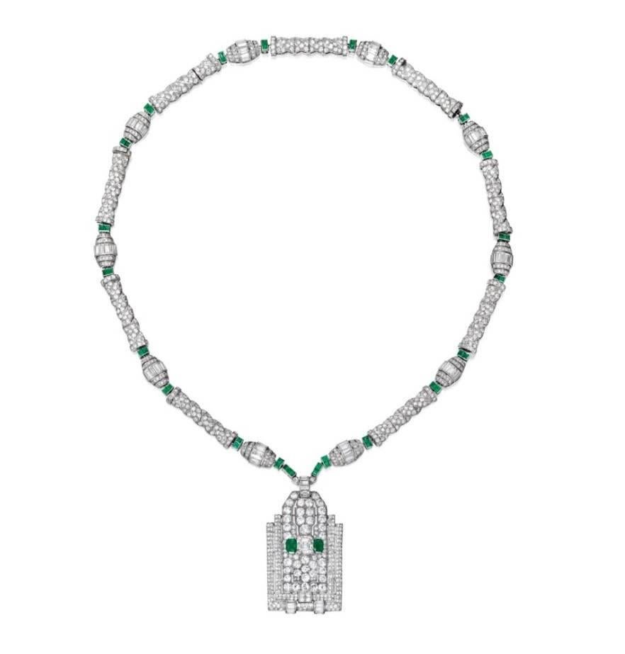 Emerald Cut Henri Picq French Art Deco Diamond Emerald and Platinum Necklace-Pendant