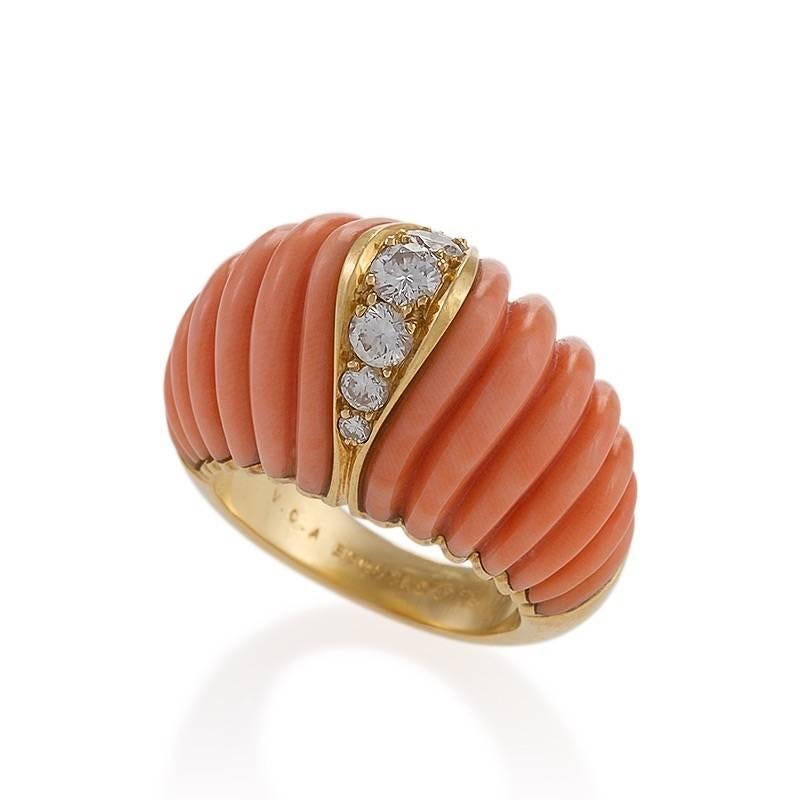 Van Cleef & Arpels Paris Coral Diamond and Gold Bombé Ring In Excellent Condition In New York, NY