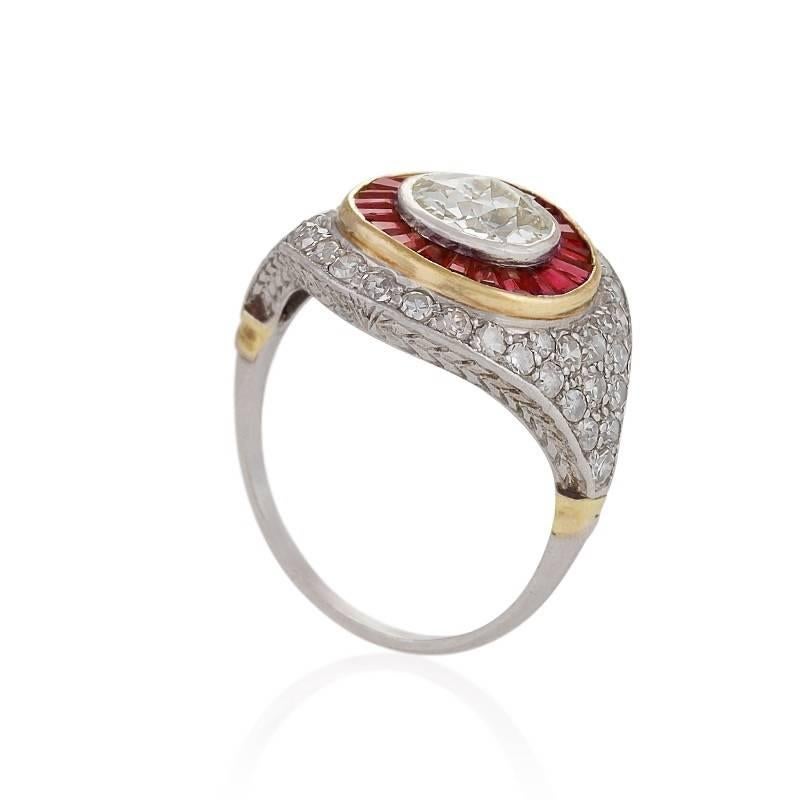 Art Deco Diamond and Ruby Cluster Ring In Excellent Condition In New York, NY