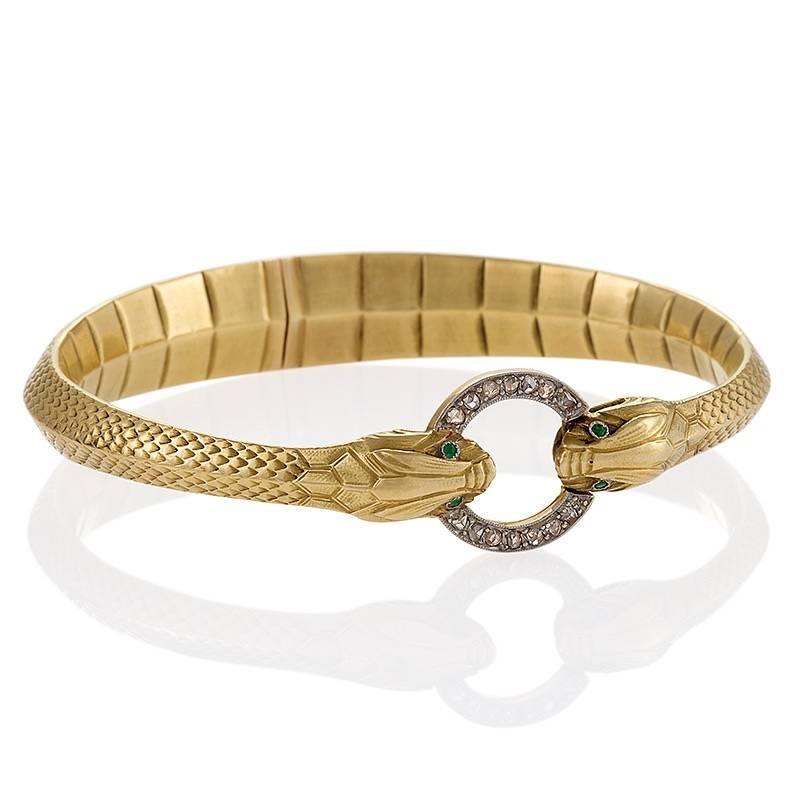 Women's French Art Nouveau Diamond Platinum and Gold Serpent Bracelet