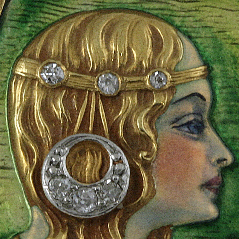 American Art Nouveau Enamel Diamond Gold Brooch In Excellent Condition In New York, NY
