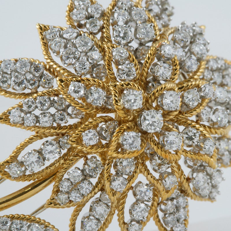Women's American Mid-20th Century Diamond Gold Platinum Flower Brooch