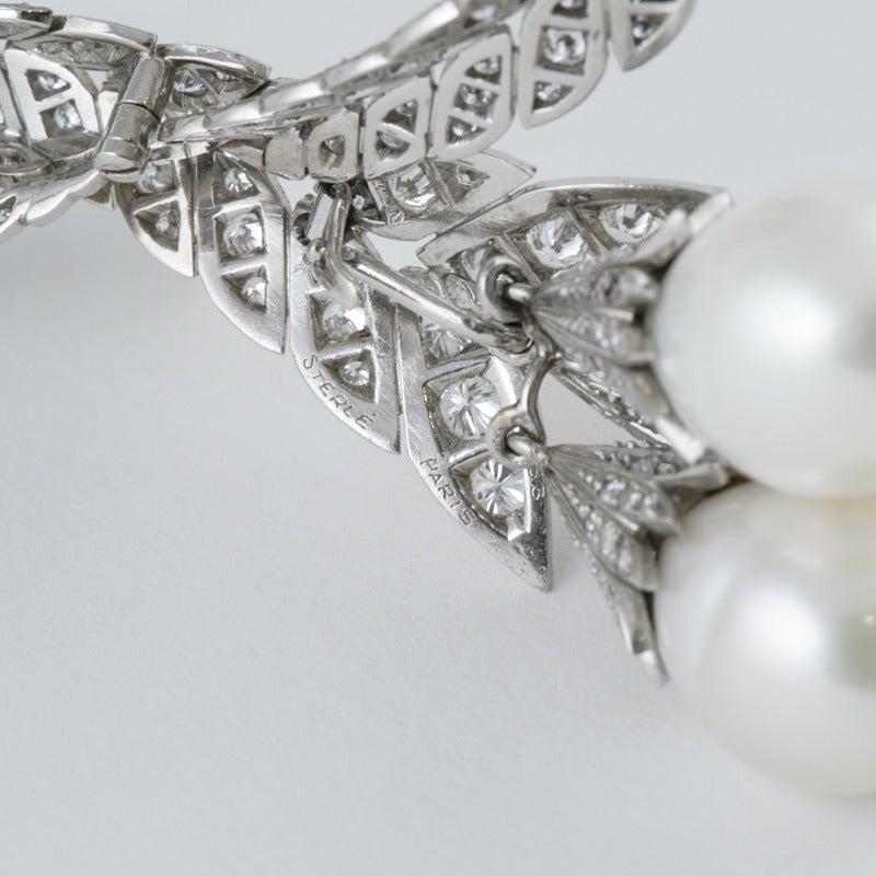 Brilliant Cut Pierre Sterlé Diamond and South Sea Pearl Brooch  For Sale