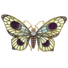 Antique Austro Hungarian Art Nouveau Enamel Diamond Gold Butterfly Brooch