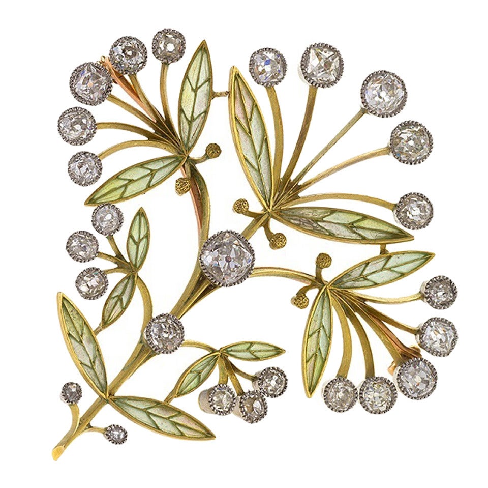 Vever Art Nouveau Plique à Jour Diamond Gold Platinum Pendant/Brooch