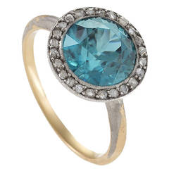 Edwardian Blue Zircon Diamond Gold Platinum Ring