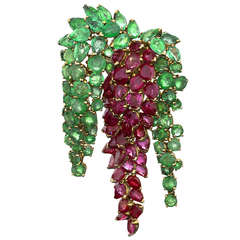 Vintage Marshak Mid-20th Century Ruby Emerald Gold Grape Cluster Brooch