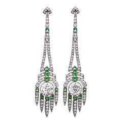 Antique Art Deco Diamond, Emerald and Platinum Ear Pendants