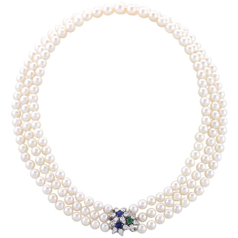 Tiffany & Co. Cultured Pearl Sapphire Emerald Diamond Necklace