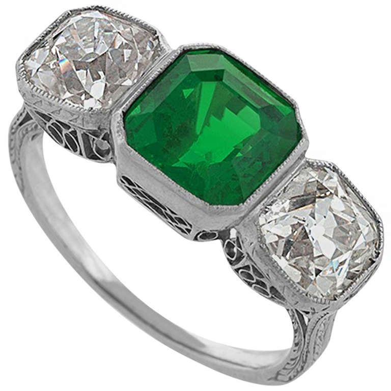 Art Deco Emerald Diamond Platinum Three Stone Ring