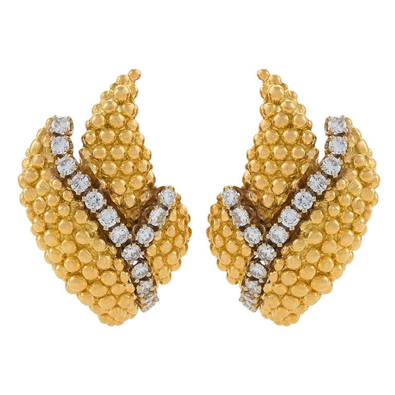 David Webb Diamond Gold Leaf Earrings