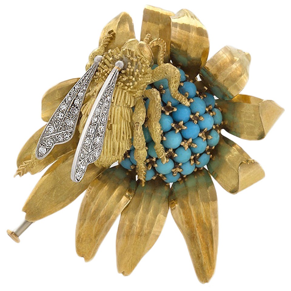 Tiffany & Co. French Turquoise Diamond Gold Platinum Sunflower Brooch