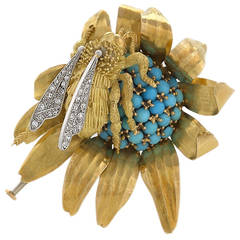 Vintage Tiffany & Co. French Turquoise Diamond Gold Platinum Sunflower Brooch