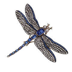 Antique Sapphire Diamond Silver Gold Dragonfly Brooch