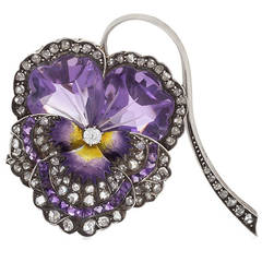 French Antique Enamel Amethyst Diamond Silver-Topped Gold Pansy Brooch