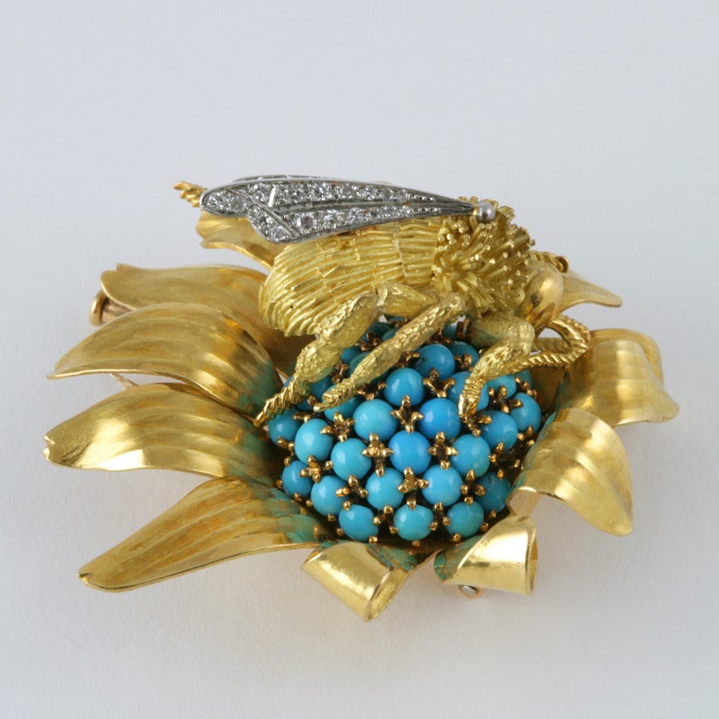 Tiffany & Co. French Turquoise Diamond Gold Platinum Sunflower Brooch In Excellent Condition In New York, NY