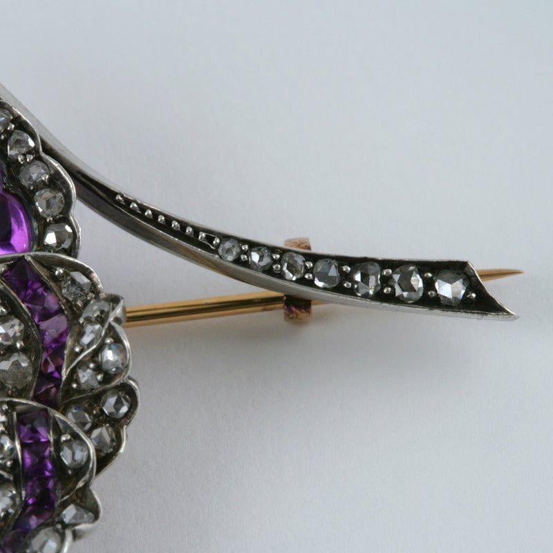 French Antique Enamel Amethyst Diamond Silver-Topped Gold Pansy Brooch 1
