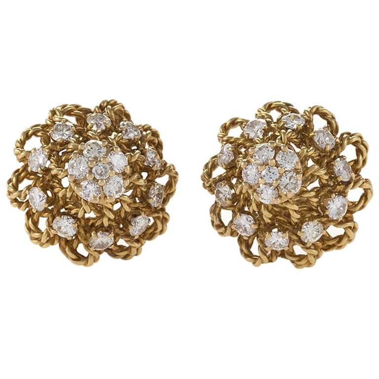 Marianne Ostier Mid-20th Century Diamond Gold Earrings For Sale at 1stDibs