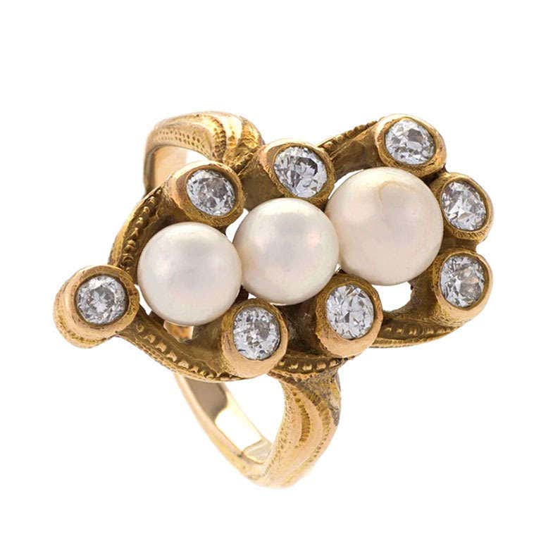 Marcus and Co Art Nouveau Diamond and Pearl Ring at 1stDibs