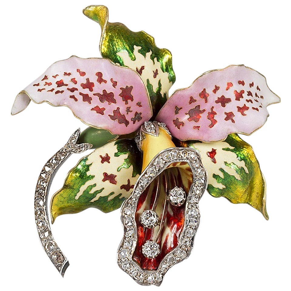 Art Nouveau Enamel Diamond Gold Brooch Attributed to Vever