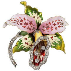 Art Nouveau Enamel Diamond Gold Brooch Attributed to Vever