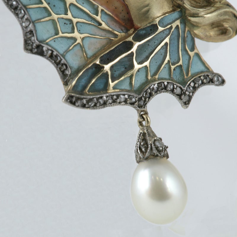 Women's French Art Nouveau Plique-à-Jour Enamel Diamond Gold Maiden Necklace