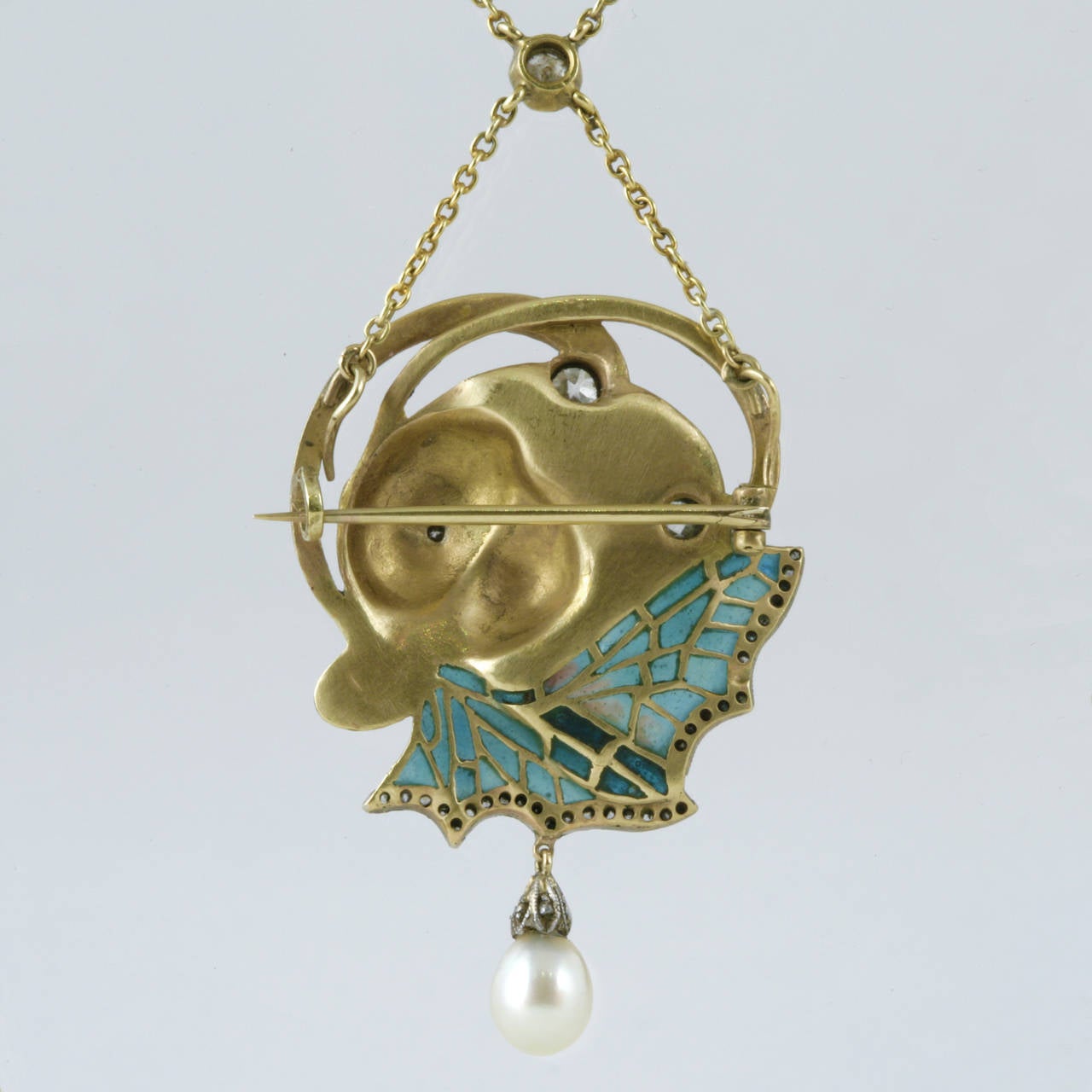 French Art Nouveau Plique-à-Jour Enamel Diamond Gold Maiden Necklace