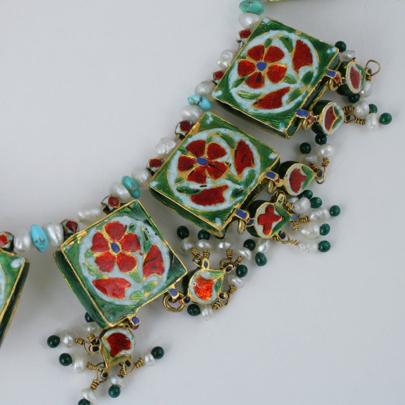 Indian Mughal-Style Enamel Turquoise Pearl Gold Necklace In Excellent Condition In New York, NY