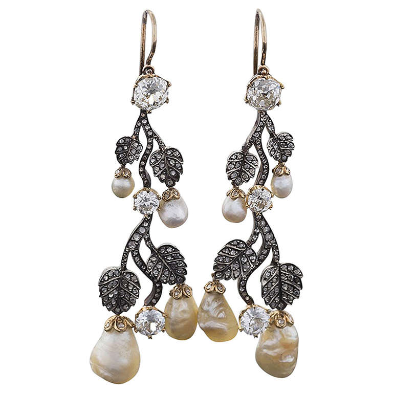 Antique European Diamond and Pearl, Silver-topped Gold Earrings at 1stdibs