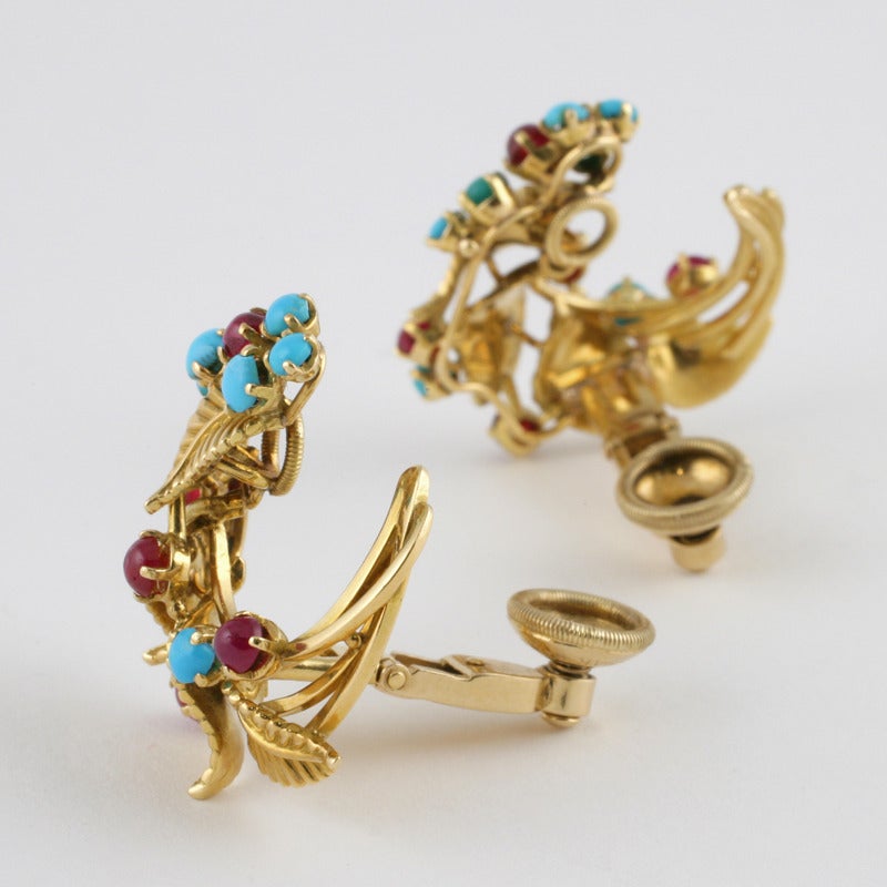 Marchak Paris Mid-Century Turquoise Ruby Gold Earrings In Excellent Condition In New York, NY