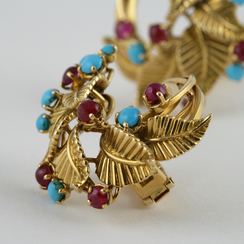 Women's Marchak Paris Mid-Century Turquoise Ruby Gold Earrings