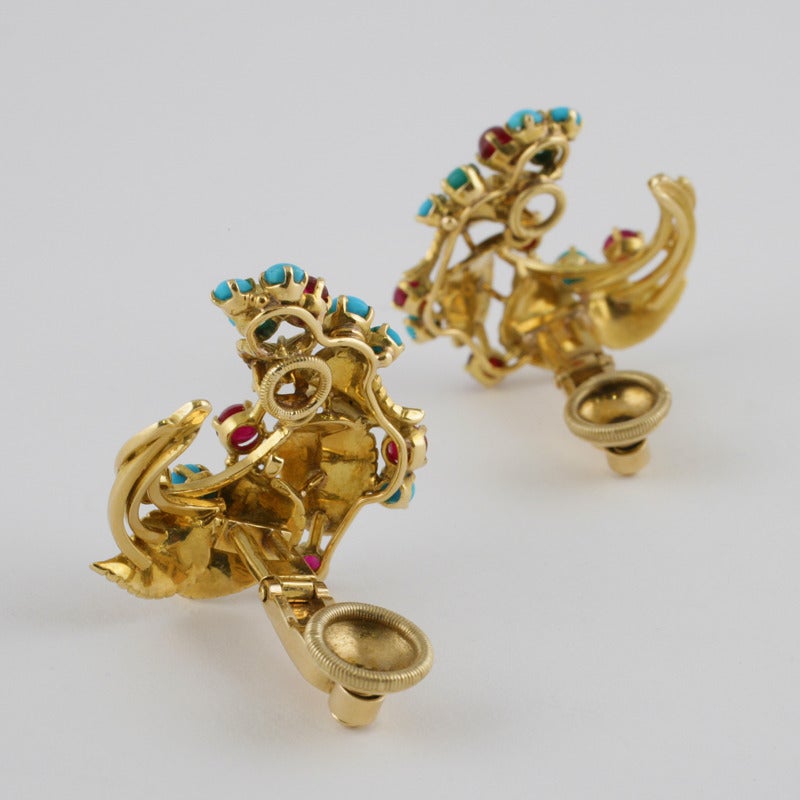 Orecchini Marchak Paris Mid-Century in oro turchese e rubino