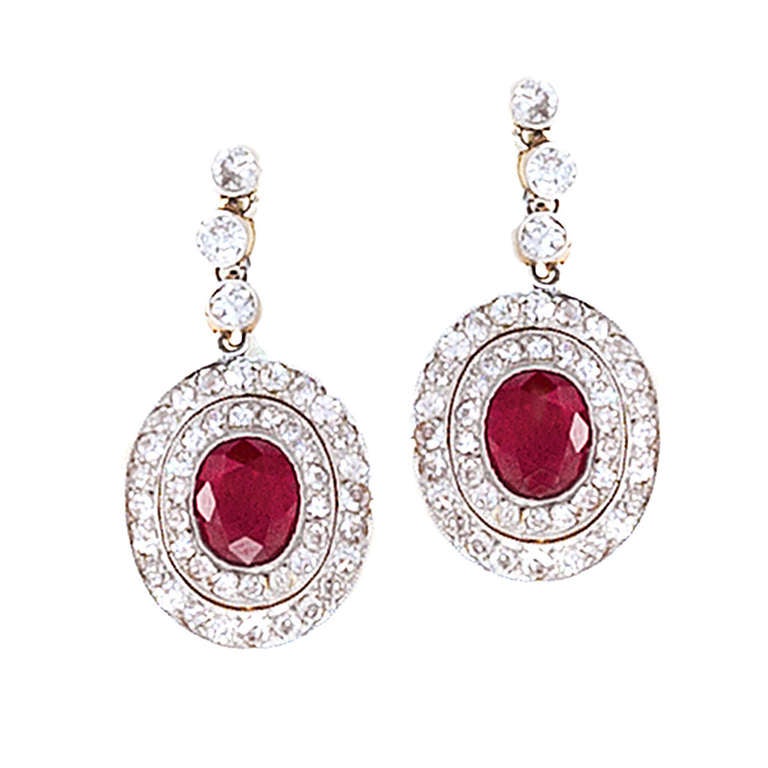 Edwardian Diamond Ruby Gold and Platinum Earrings