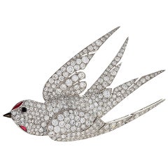 French 1930s Art Deco Ruby Diamond Platinum Dove Brooch