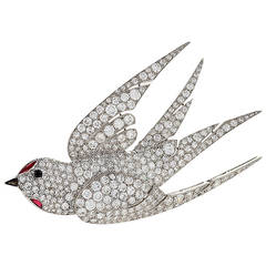 French Art Deco Ruby Diamond Platinum Dove Brooch 2