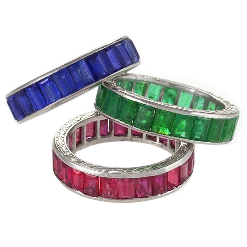Mid-20th Century Sapphire, Emerald, Ruby Platinum Eternity Rings