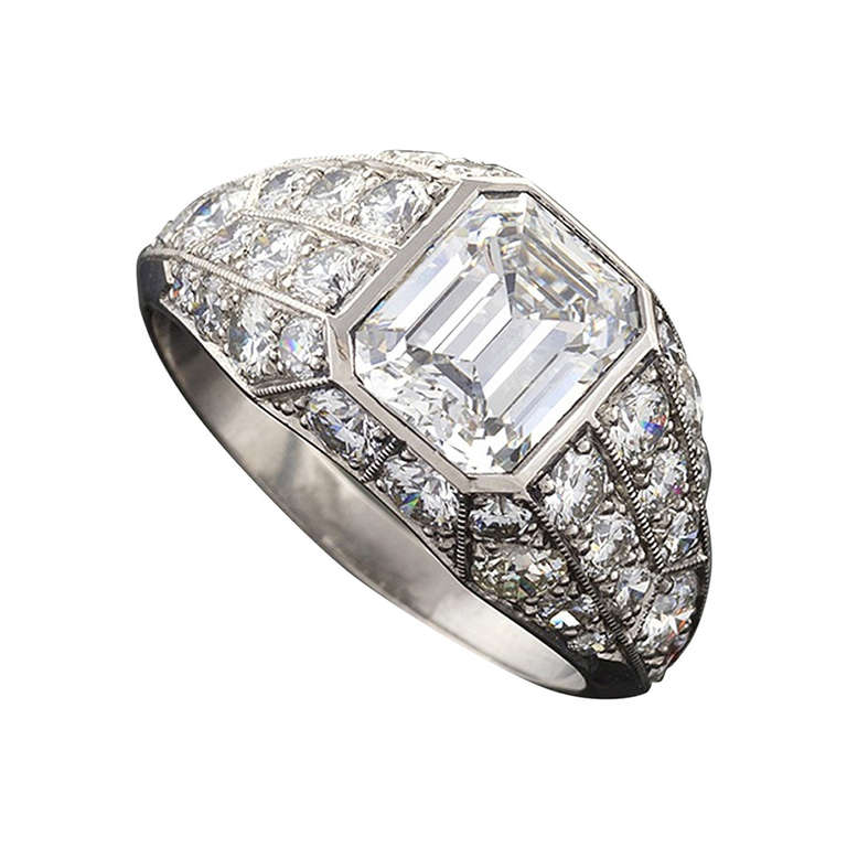 GIA Cert Emerald-Cut Diamond Platinum Cocktail Ring