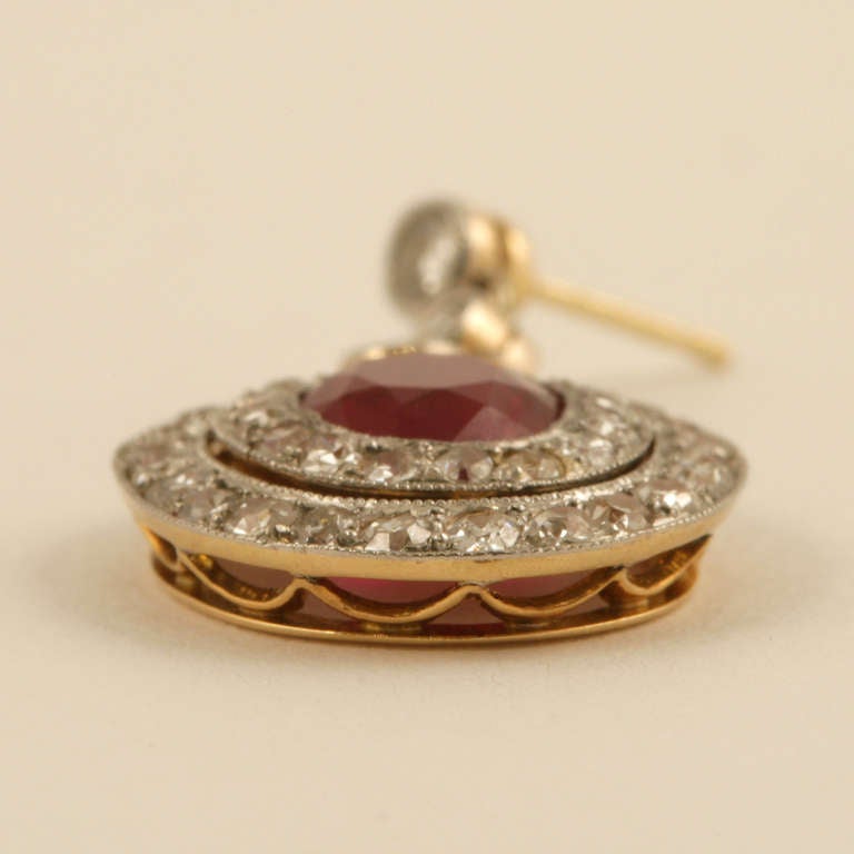 Edwardian Diamond Ruby Gold and Platinum Earrings In Excellent Condition In New York, NY