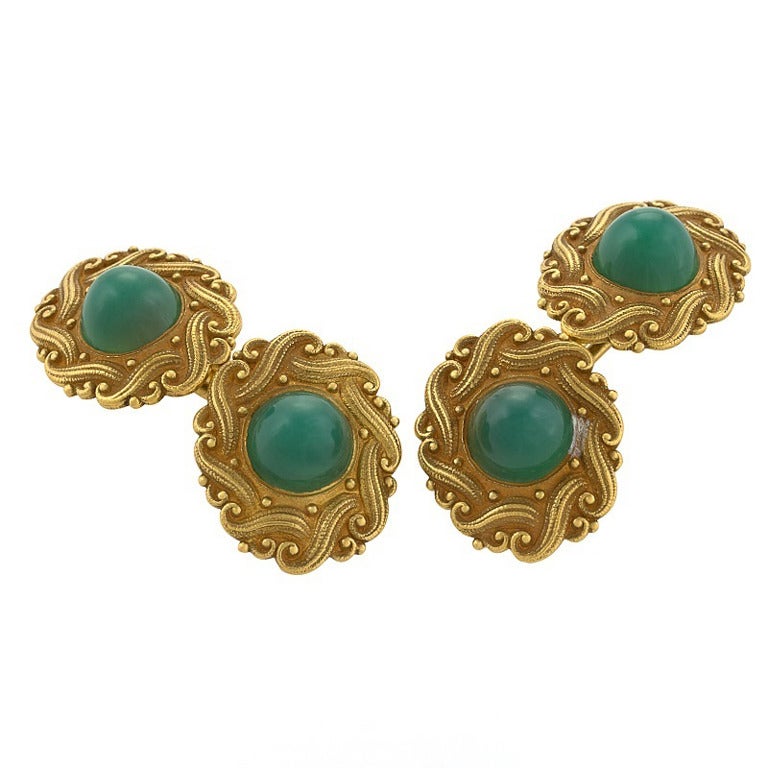 Art Nouveau Green Chrysophrase and Gold Cuff Links For Sale