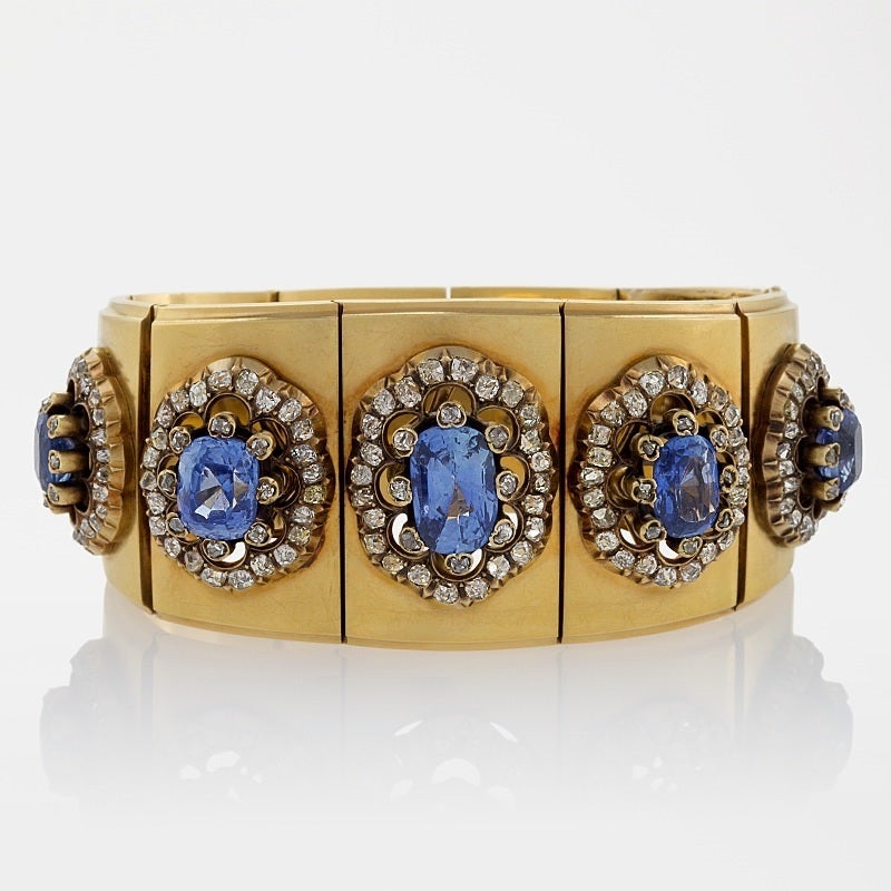 Mellerio dits Meller French Antique Blue Sapphire Diamond and Gold Bracelet In Excellent Condition In New York, NY
