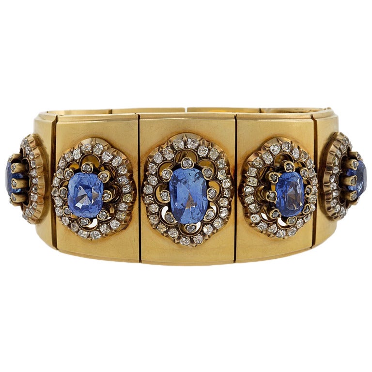 Mellerio dits Meller French Antique Blue Sapphire Diamond and Gold Bracelet