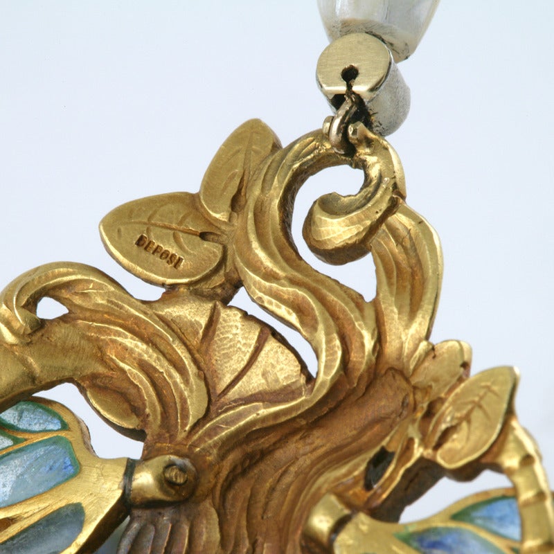 François Fleuret French Art Nouveau Plique-a-Jour Diamond Gold Brooch In Excellent Condition In New York, NY