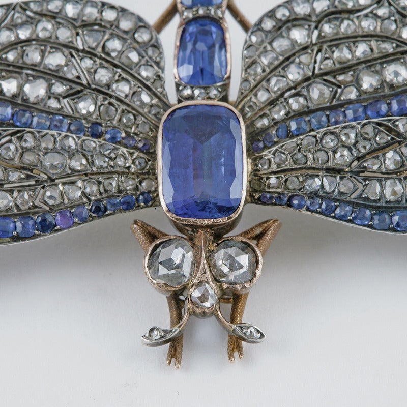 Antique Sapphire Diamond Silver Gold Dragonfly Brooch In Excellent Condition In New York, NY