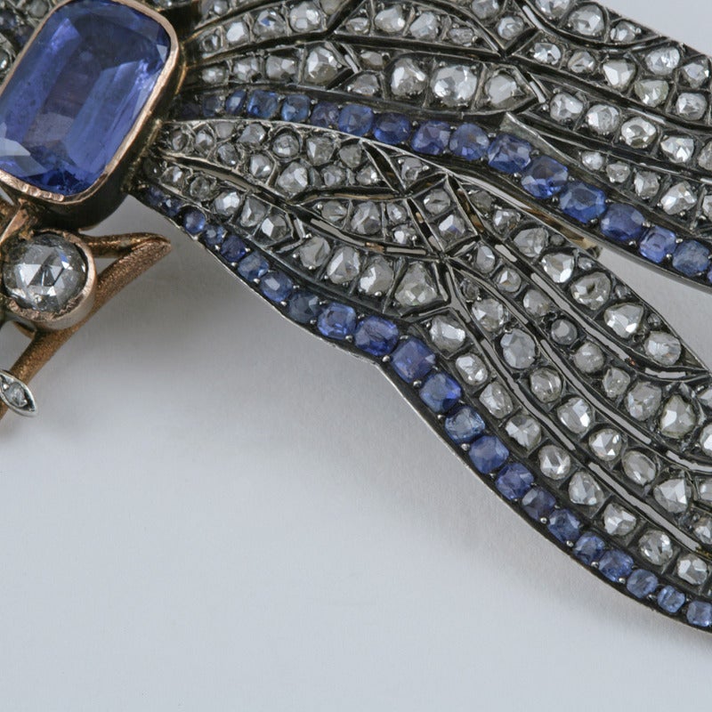 Women's Antique Sapphire Diamond Silver Gold Dragonfly Brooch