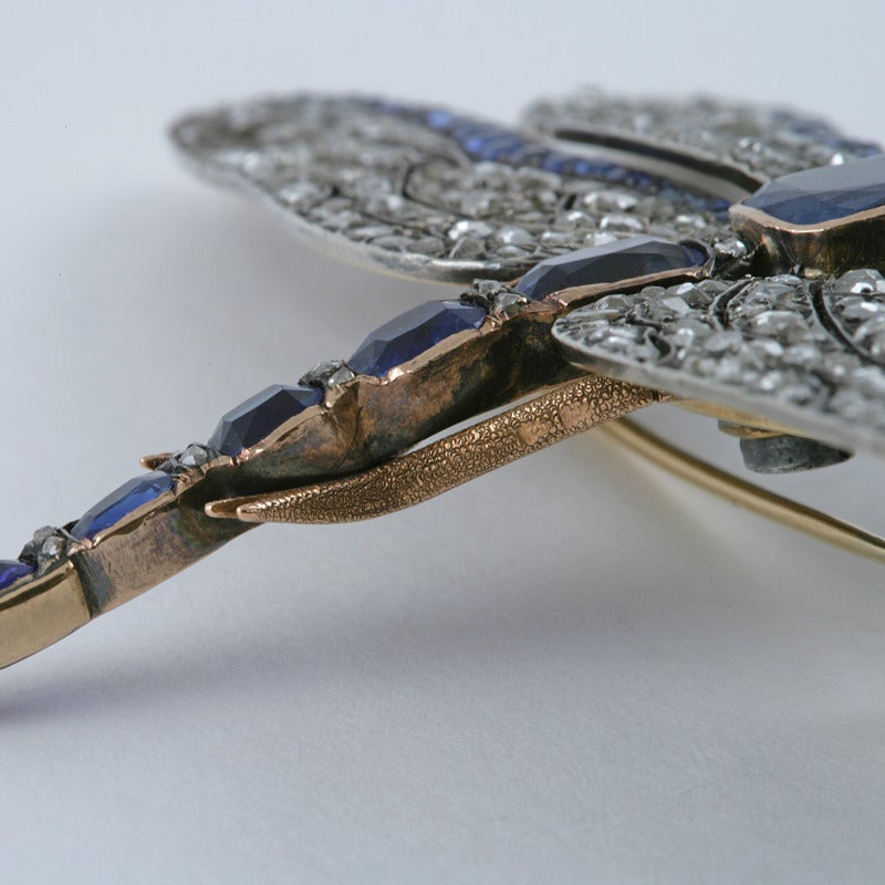Antique Sapphire Diamond Silver Gold Dragonfly Brooch 1