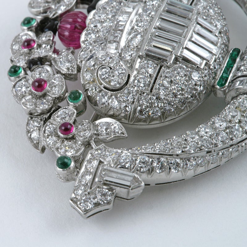 Art Deco Tiffany & Co. Diamond and Colored Gem-Set Concealed Watch Brooch 