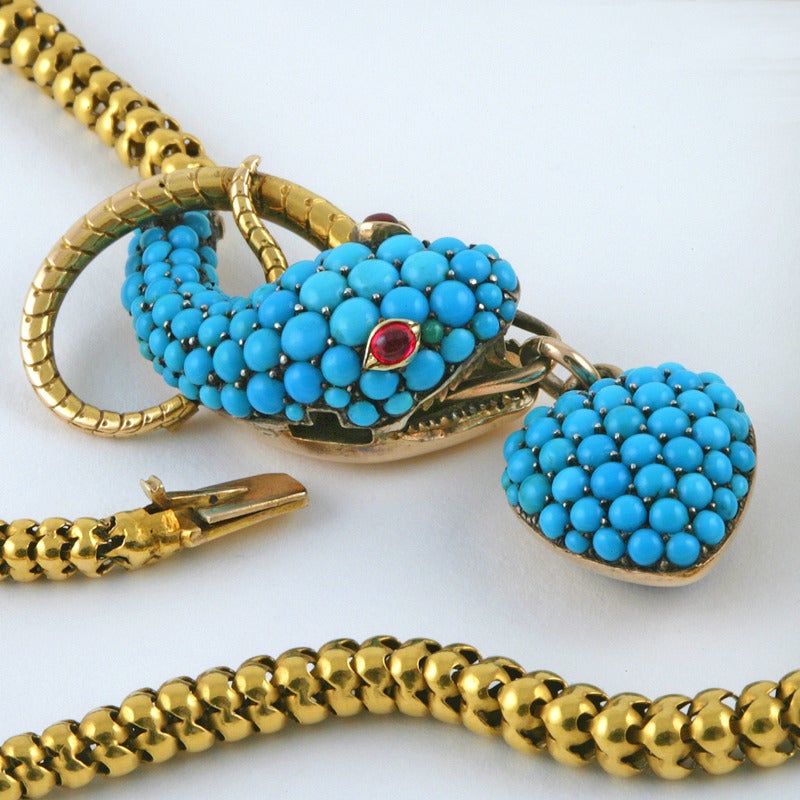 Tessier London Antique Turquoise Ruby Gold Snake Necklace 1